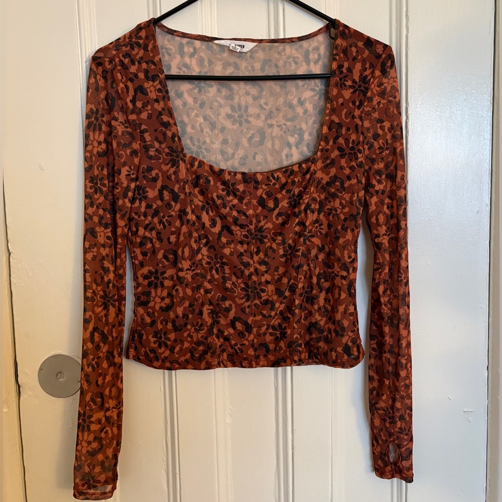 Steve Madden Brown Mesh Long Sleeve Blouse